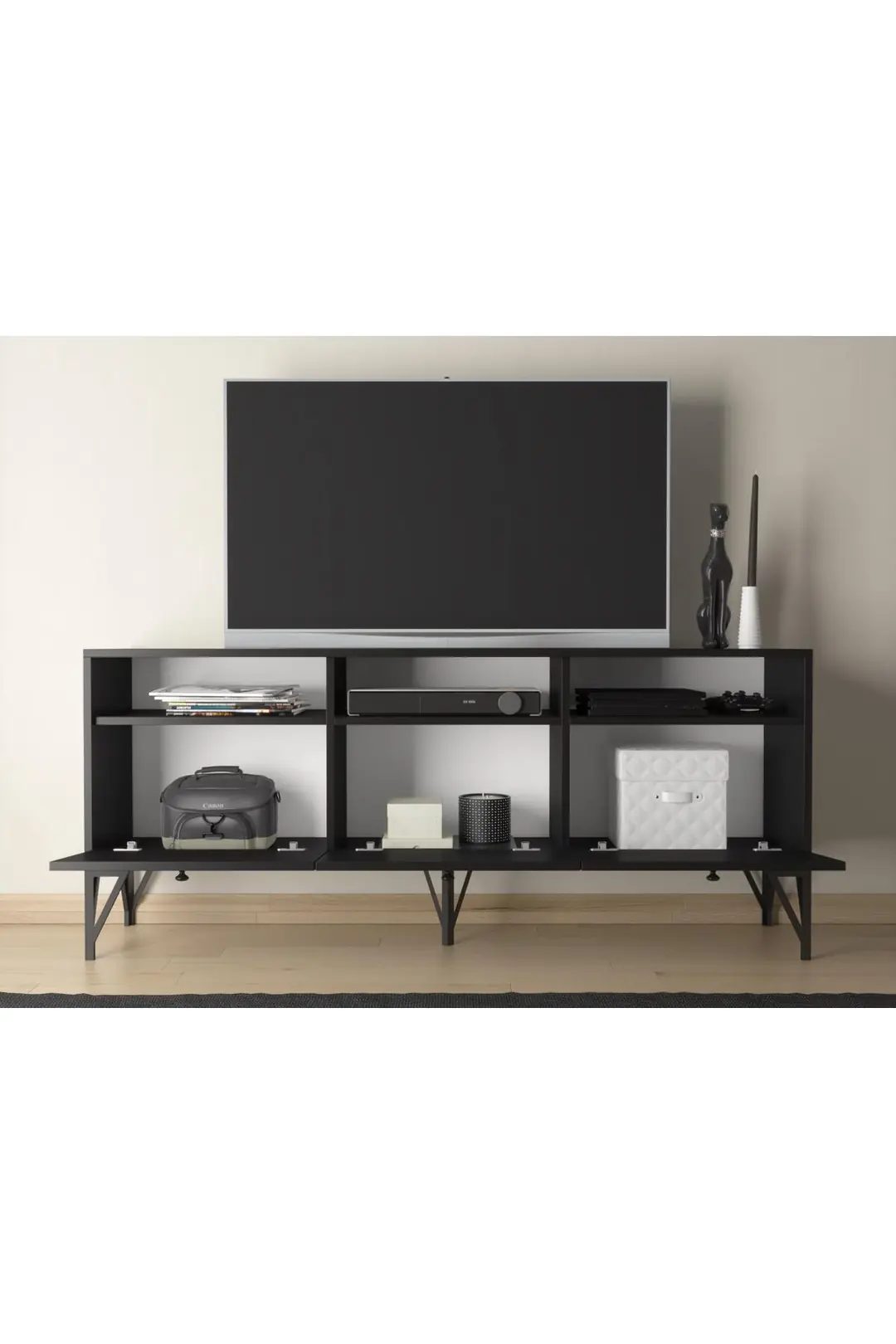 Rhea 160 Cm Dolaplı, Minifiks Bağlantı, Geniş Tv Ünitesi - Konsol - Siyah / Siyah